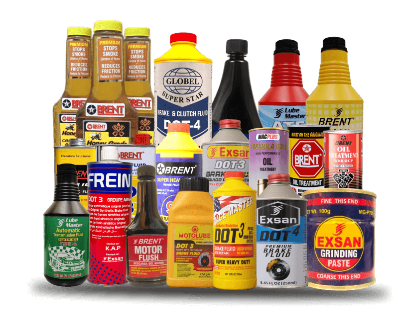 Assorted automotive fluid and lubricant bottles in various shapes, sizes, and colors, including motor oil, brake fluid, grinding paste, and other car maintenance products, arranged together on a plain background.