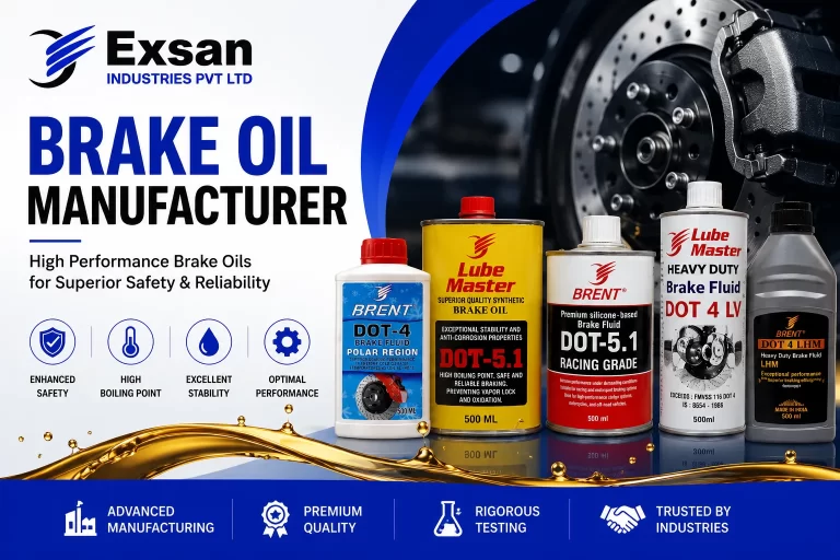 Featured image for Exsan Industries' Brake Oil Manufacturer page, showcasing premium brake oil and brake fluid products engineered for superior braking performance, thermal stability, corrosion protection, and long-lasting reliability. Exsan Industries is a trusted manufacturer and supplier of automotive brake oils and brake fluids in India.