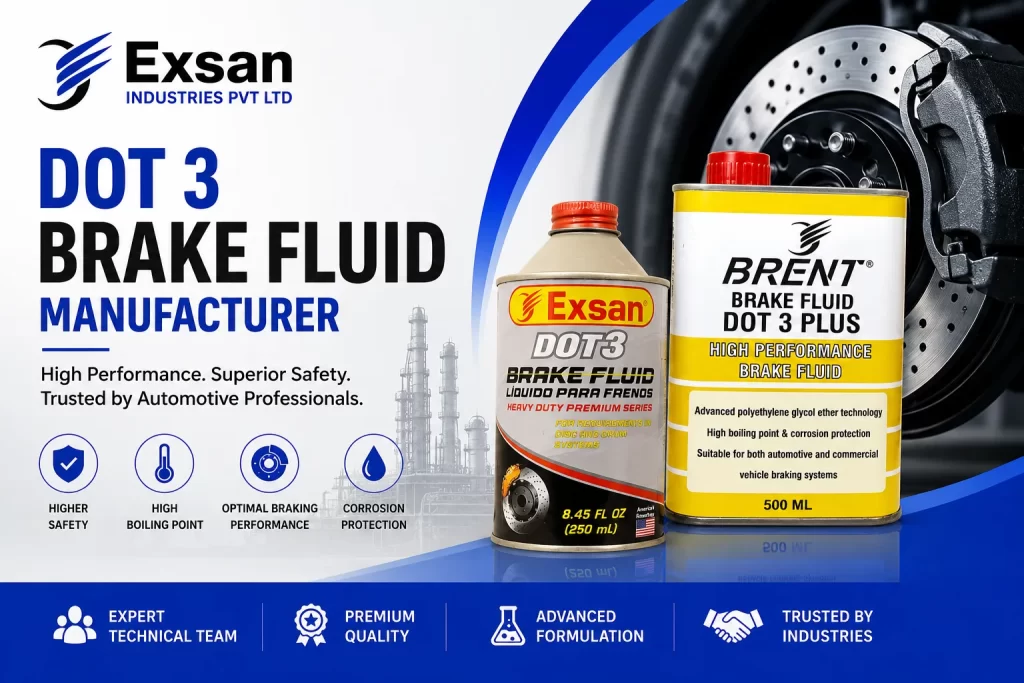 DOT 3 brake fluid manufacturer showcasing Exsan and Brent high-performance DOT 3 brake fluid products
