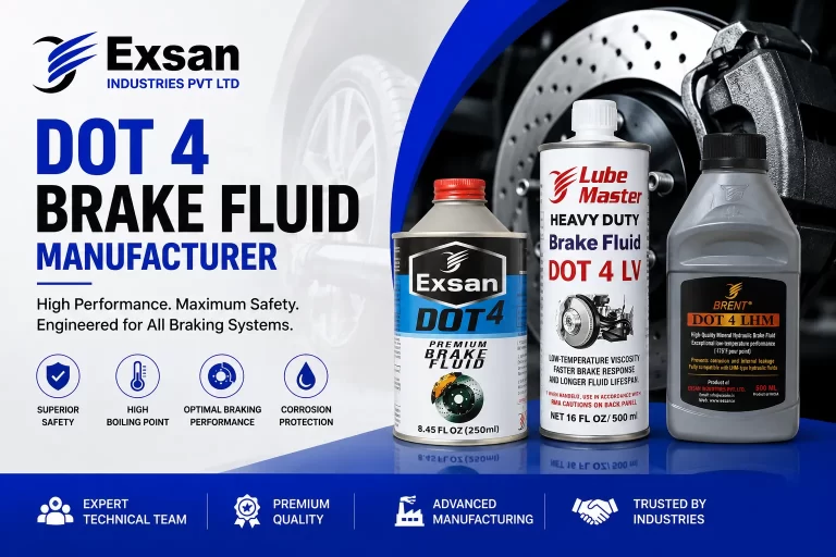 DOT 4 brake fluid manufacturer showcasing Exsan DOT 4, Lube Master DOT 4 LV, and Brent DOT 4 LHM brake fluid products
