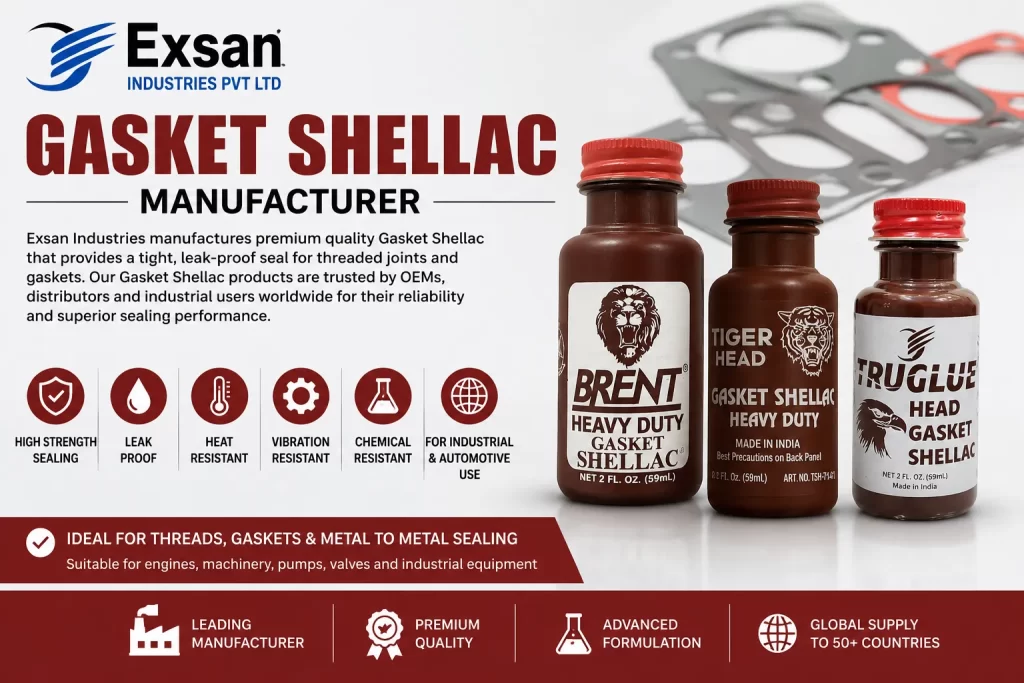 Gasket Shellac Manufacturer showcasing Brent Heavy Duty, Tiger Head, and TruGlue Gasket Shellac by Exsan Industries