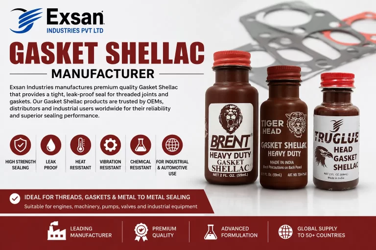 Gasket Shellac Manufacturer showcasing Brent Heavy Duty, Tiger Head, and TruGlue Gasket Shellac by Exsan Industries