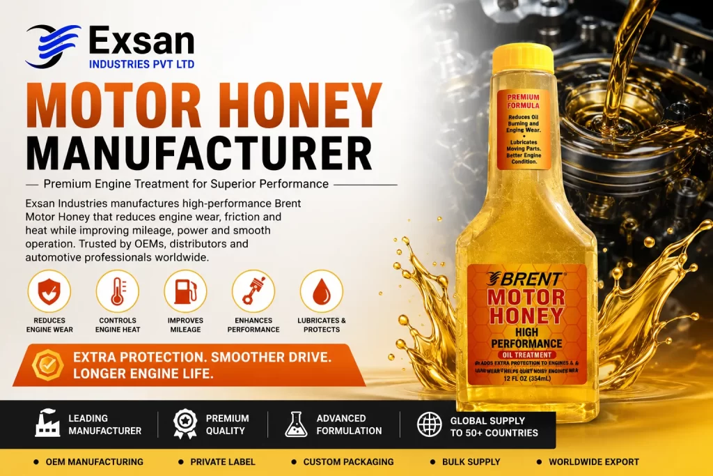 Motor Honey Manufacturer showcasing Brent Motor Honey high-performance oil treatment by Exsan Industries